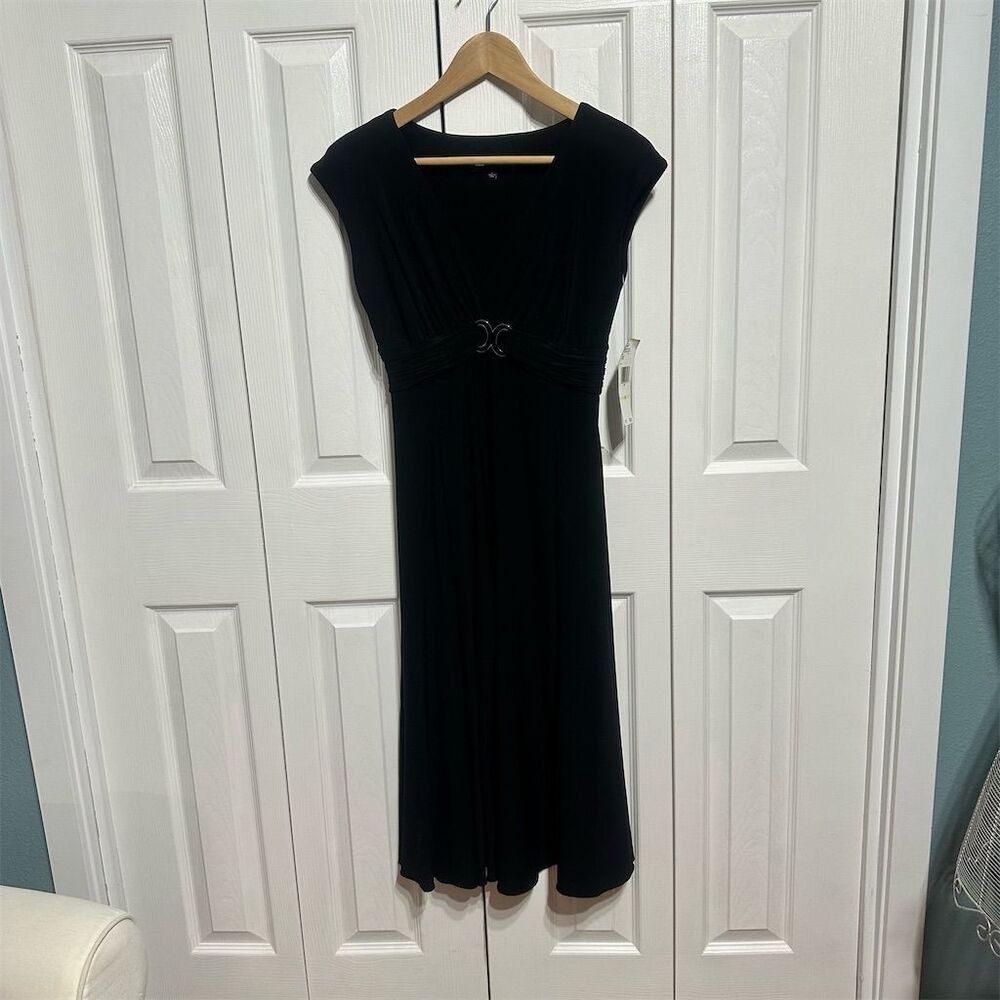Jones New York Women's Black Midi Dress Standard Size 4 V-Neck Cap Sleeve